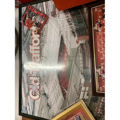 133 - A QUANTITY OF MANCHESTER UNITED MEMROBILIA TO INCLUDE A FRAMED MONTAGE OF THE TEAM OF THE 90'S