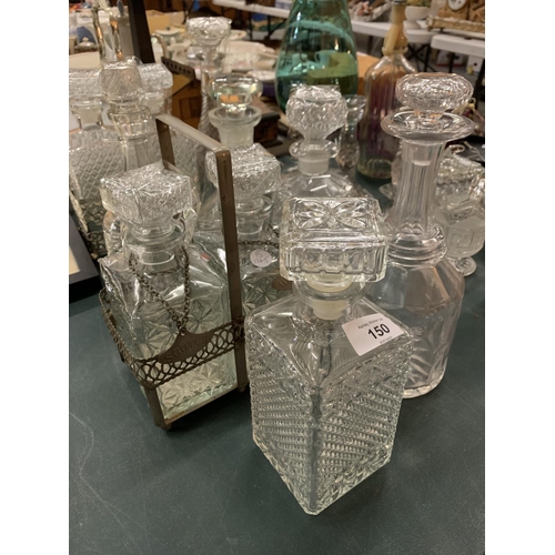 150 - A LARGE COLLECTION OF VARIOUS GLASS DECANTERS TO INCLUDE TWO STANDS AND TWO SPIRIT LABELS