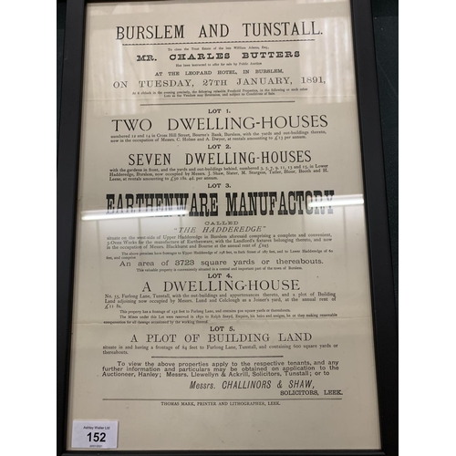 152 - TWO FRAMED 'BURSLEM AND TUNSTALL' AUCTION POSTERS