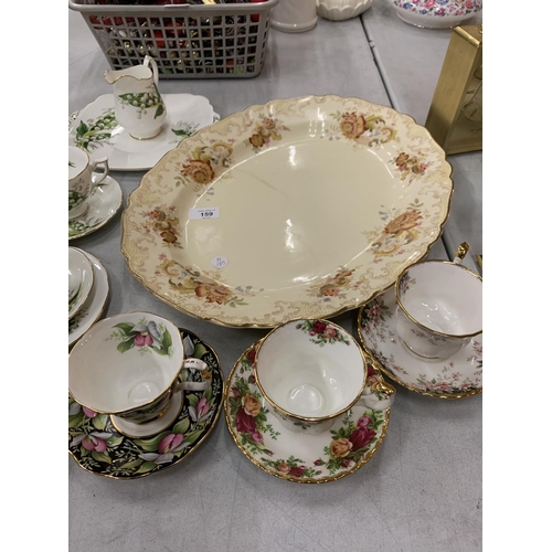 159 - A COLLECTION OF MIXED BONE CHINA TO INCLUDE CUPS & SAUCERS, LARGE MEAT PLATTER AND THREE ROYAL ALBER... 