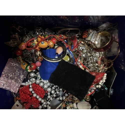 174 - A LARGE BLUE CONTAINER OF MIXED COSTUME JEWELLERY TO INCLUDE NECKLACES, BANGLES, ETC