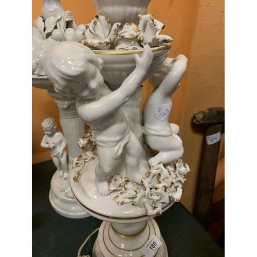 180 - A PAIR OF DECORATIVE WHITE CHINA TABLE LAMPS FEATURING CHERUBS AND FRUIT