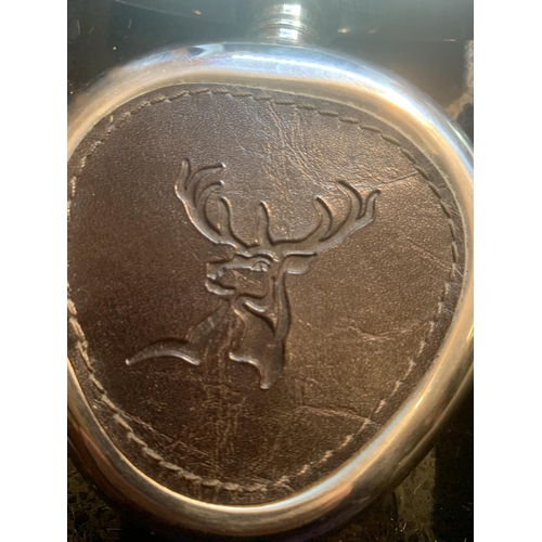 681 - FIVE VARIOUS HIP FLASKS TO INCLUDE A STAG AND SCOTLAND ETC