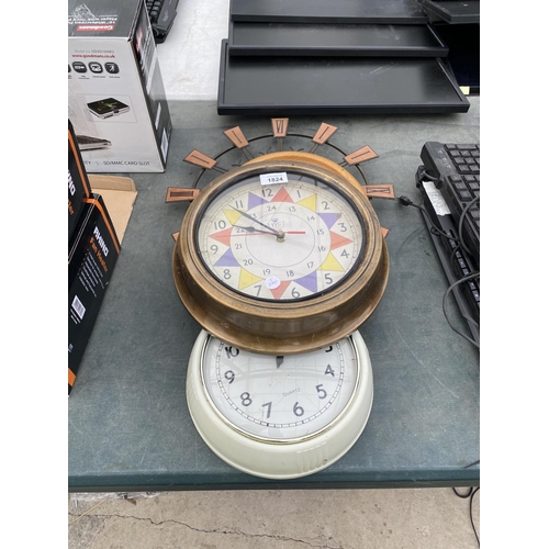 1824 - FOUR VARIOUS WALL CLOCKS TO INCLUDE SOME WITH DECORATIVE DESIGN