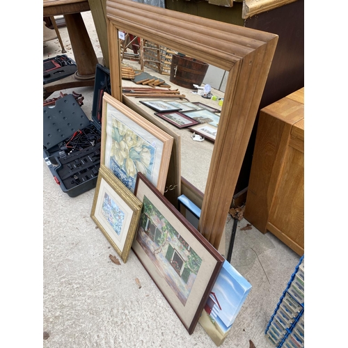 1458 - AN ASSORTMENT OF PRINTS AND PICTURES TO INCLUDE A LARGE FRAMED MIRROR