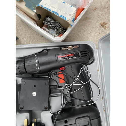 1470 - A POWER DEVIL BATTERY DRILL AND AN ASSORTMENT OF DRILL BITS