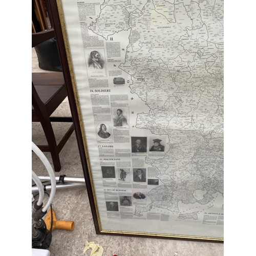 1482 - A LARGE FRAMED IMAGE OF A HISTORIC MAP OF STAFFORDSHIRE