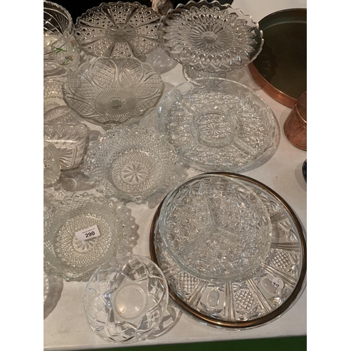 290 - A LARGE COLLECTION OF CUT GLASS ITEMS TO INCLUDE GATEAU DISHES AND BOWLS ETC.