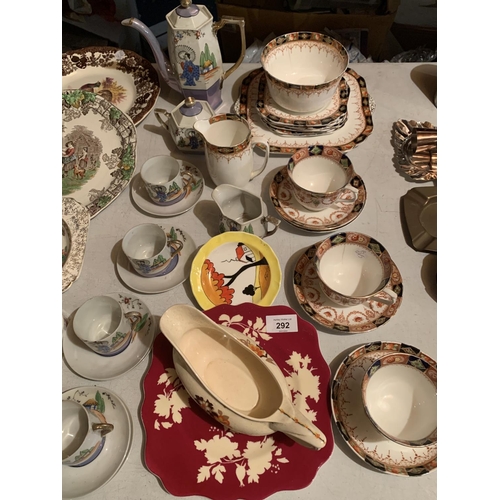 292 - AN ASSORTMENT OF MIXED ITEMS TO INCLUDE CUPS & SAUCERS, SMALL FRAMED PICTURES ETC