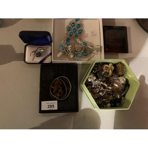 295 - A COLLECTION OF COSTUME JEWELLERY TO INCLUDE NECKLACES, CLIP ON EARRINGS ETC