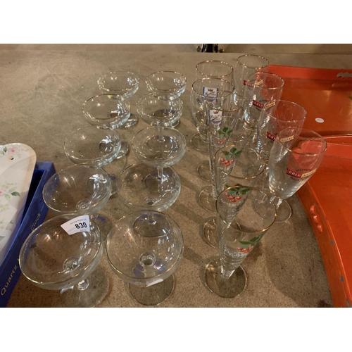 830 - A COLLECTION OF VARIOUS DRINKING GLASSES TO INCLUDE BABYCHAM