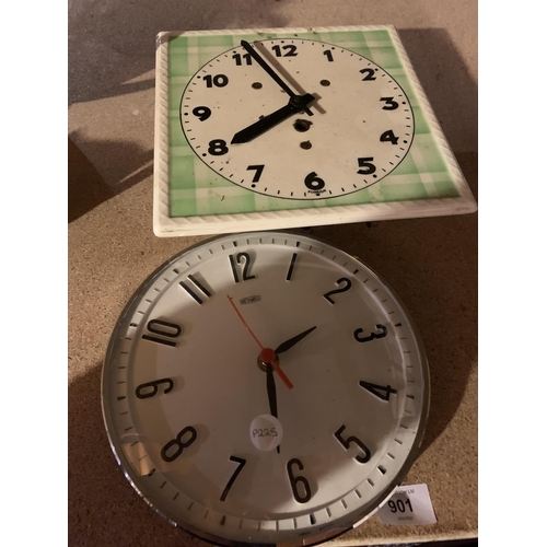 901 - A RETRO METAMEC BATTERY OPERATED WALL CLOCK AND A FURTHER RETRO WALL CLOCK WITH CERAMIC FACE