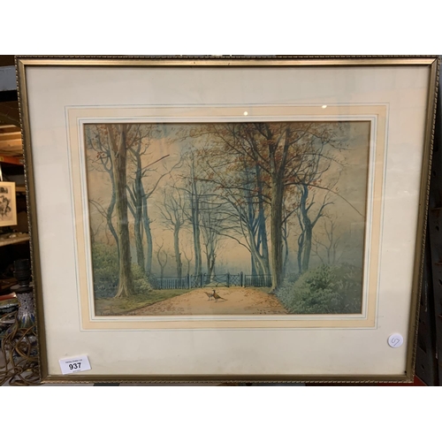 937 - A FRAMED WATERCOLOUR OF TRENTHAM WOODS WITH PHEASANTS IN THE FOREGROUND