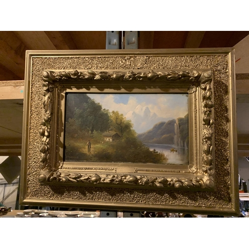 952 - A PAIR OF OIL ON BOARD GILT FRAMED PICTURES AND A FURTHER SMALLER GILT FRAMED PRINT