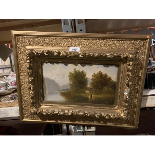 952 - A PAIR OF OIL ON BOARD GILT FRAMED PICTURES AND A FURTHER SMALLER GILT FRAMED PRINT