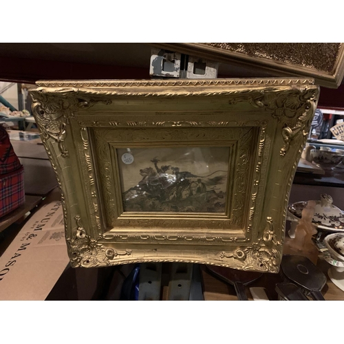 952 - A PAIR OF OIL ON BOARD GILT FRAMED PICTURES AND A FURTHER SMALLER GILT FRAMED PRINT