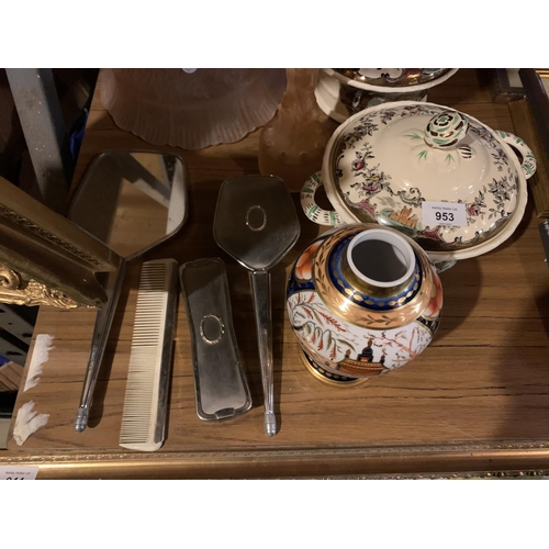 953 - A DRESSING TABLE SET, COLOURED GLASSWARE AND A PAIR OF MASON'S LIDDED SERVING DISHES