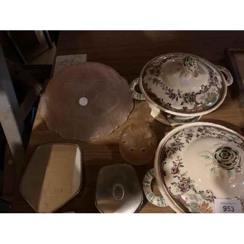 953 - A DRESSING TABLE SET, COLOURED GLASSWARE AND A PAIR OF MASON'S LIDDED SERVING DISHES