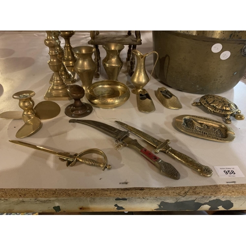 958 - A COLLECTION OF BRASS WARE TO INCLUDE A PRESERVING PAN, CANDLESTICKS, A DOLLS ROCKING CHAIR ETC