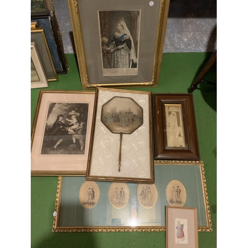 972 - FIVE ASSORTED PRINTS AND A FURTHER FRAMED VINTAGE EMBROIDERED FAN