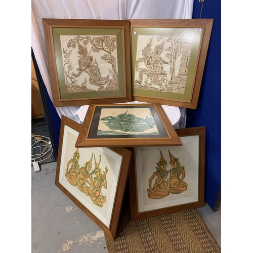 998 - FIVE FRAMED THAI TEMPLE RUBBINGS