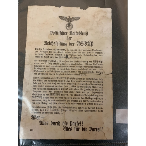 195 - A GERMAN PROPAGANDA LEAFLET TO INCLUDE THREE FURTHER GERMAN ITEMS