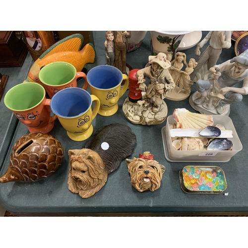 209 - AN ASSORTMENT OF VARIOUS ITEMS TO INCLUDE A CERAMIC HEDGEHOG MONEY BOX, FIGURINES ETC