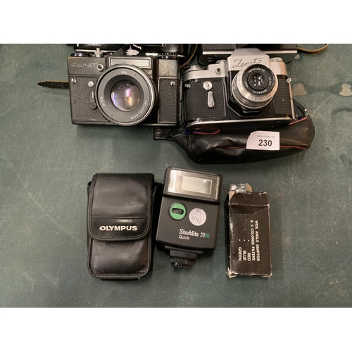 230 - AN ASSORTMENT OF CAMERA EQUIPMENT TO INCLUDE FOUR ZENIT CAMERAS