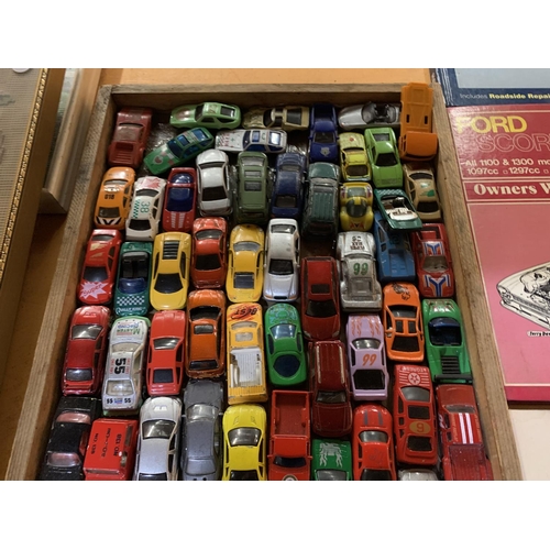 238 - A WOODEN TRAY OF TOY CARS