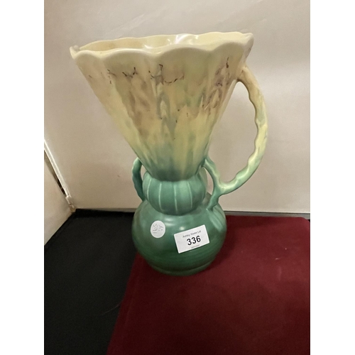 336 - A GREEN AND CREAM TWIN HANDLED BESWICK VASE/JUG (394-1) TOGETHER WITH A CUT GLASS TRIFLE BOWL