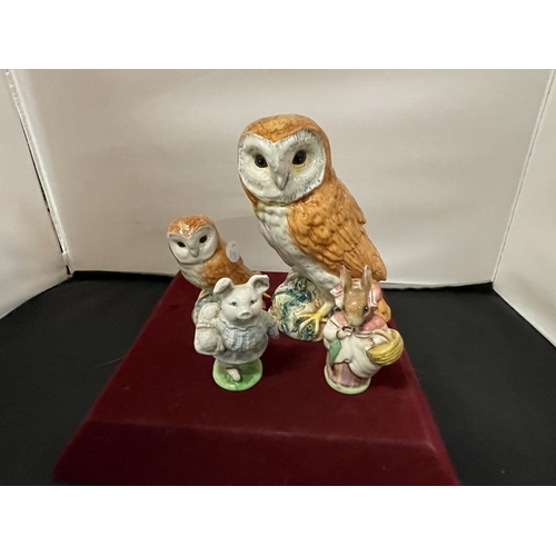 344 - A LARGE BESWICK OWL 1046, A SMALLER OWL 2-26 AND TWO BEATRIX POTTER CHARACTERS, 'MISS RABBIT' AND 'L... 