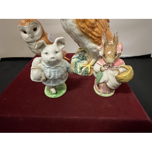 344 - A LARGE BESWICK OWL 1046, A SMALLER OWL 2-26 AND TWO BEATRIX POTTER CHARACTERS, 'MISS RABBIT' AND 'L... 