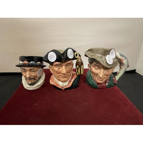 715 - THREE SMALL ROYAL DOULTON CHARACTER JUGS: 'THE POACHER' D6464, 'BEEFEATER' D8233, 'NIGHT WATCHMAN' D... 