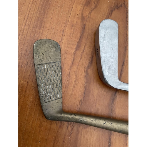 1310 - TWO VINTAGE GOLF PUTTERS - A BRASS HEADED HALLEY, LONDON AND A TOM MORRIS, ST ANDREWS