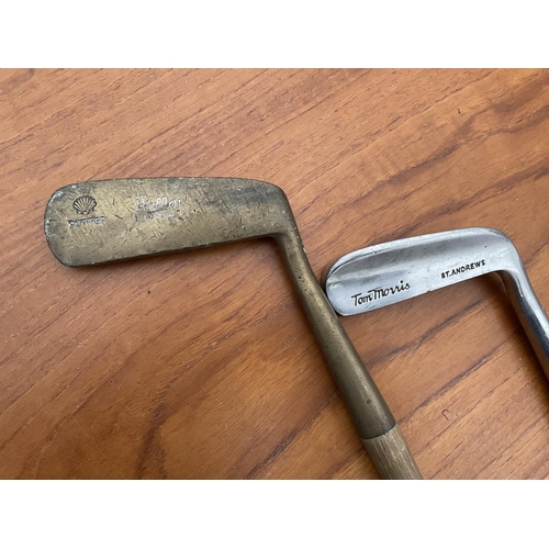 1310 - TWO VINTAGE GOLF PUTTERS - A BRASS HEADED HALLEY, LONDON AND A TOM MORRIS, ST ANDREWS