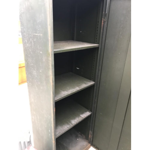 1591 - A LARGE SINGLE DOOR METAL CUPBOARD WITH THREE INTERNAL SHELVES