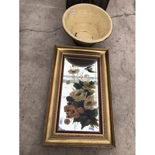 1594 - A GILT FRAMED PAINTING ON A MIRROR BACKGROUND WITH A LARGE CERAMIC PLANT POT