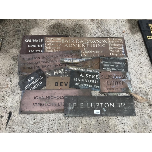 1630 - AN ASSORTMENT OF HISTORICAL METAL ENGRAVED COMPANY SIGNS