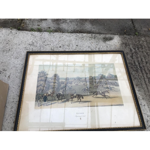 1638 - THREE FRAMED PRINTS OF HORSE RACING AND A BOX OF LADIES FUR ITEMS