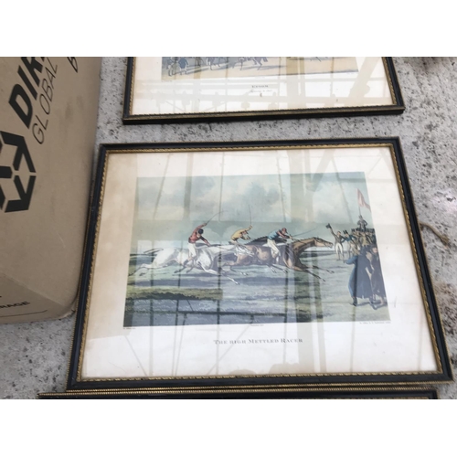 1638 - THREE FRAMED PRINTS OF HORSE RACING AND A BOX OF LADIES FUR ITEMS