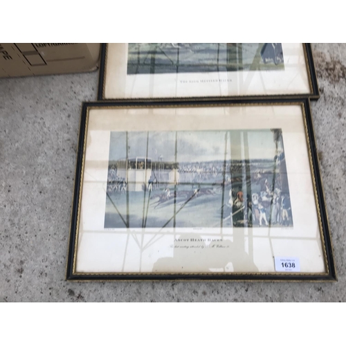 1638 - THREE FRAMED PRINTS OF HORSE RACING AND A BOX OF LADIES FUR ITEMS