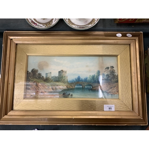 95 - A FRAMED WATERCOLOUR OF A CASTLE AND RIVER SCENE