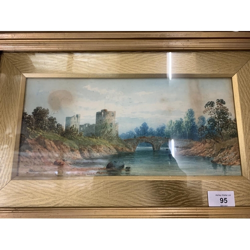 95 - A FRAMED WATERCOLOUR OF A CASTLE AND RIVER SCENE