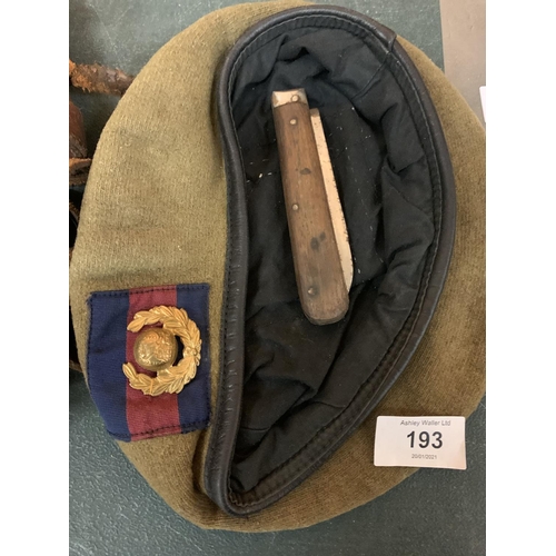 193 - A BRITISH ARMY BERET, VINTAGE PENKNIFE AND A PAIR OF BINOCULARS