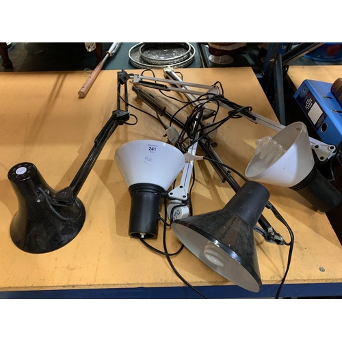 241 - FOUR VARIOUS ANGLEPOISE LAMPS (NO BASES)