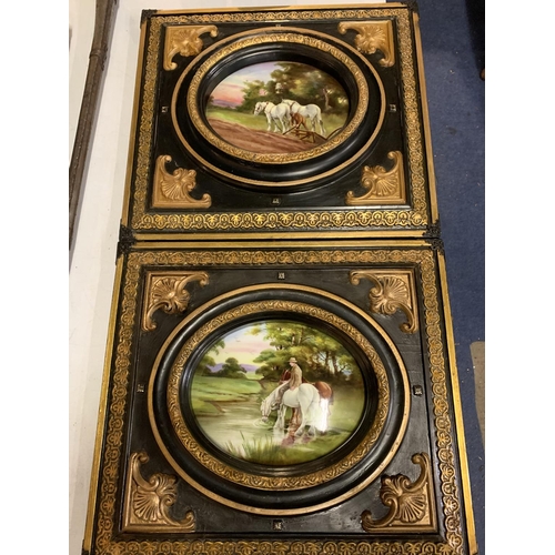 301A - A PAIR OF ORNATE FRAMED VICTORIAN HAND PAINTED DOULTON OVAL PLAQUES SIGNED H MORRAY