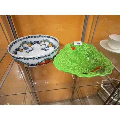 364 - A LOSOL WARE DECORATIVE BOWL AND A BESWICK 'CABBAGE LEAF' DISH