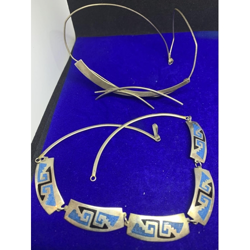 584 - FOUR SILVER CHOCKER STYLE NECKLACES TO INCLUDE A MEXICAN DESIGN, ABSTRACT ETC