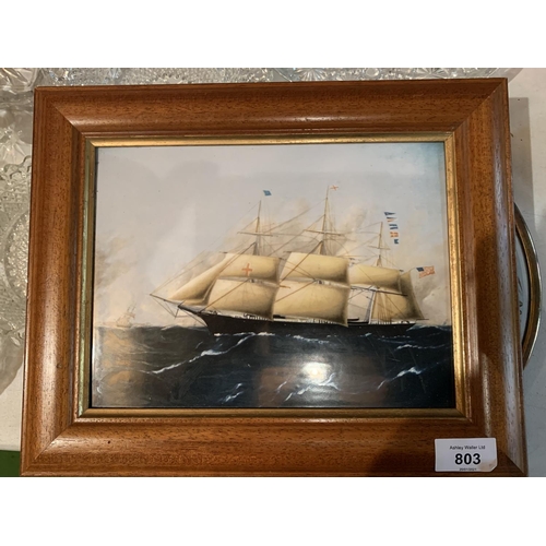 803 - A FRAMED WEDGWOOD CERAMIC PLAQUE OF A SHIP