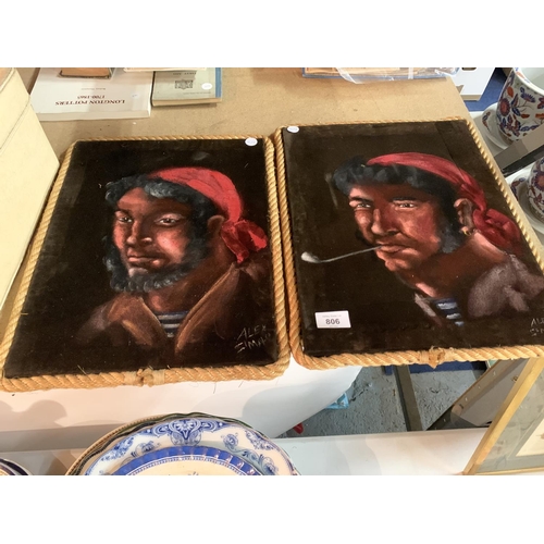 806 - A PAIR OF SIGNED PAINT ON FABRIC PICTURES DEPICTING PIRATES